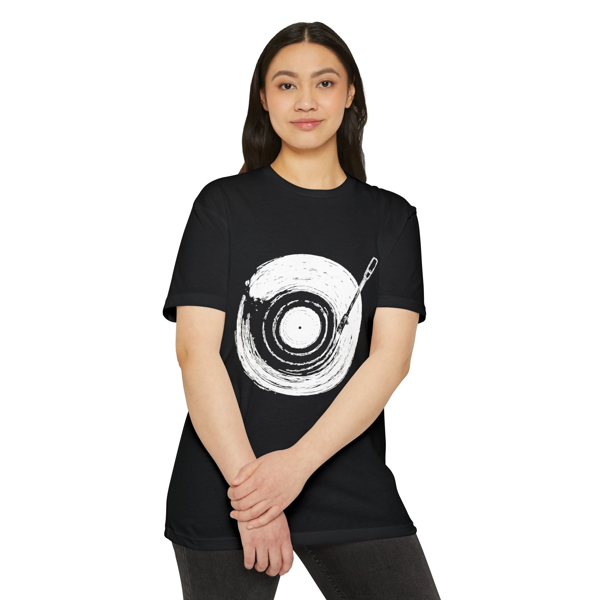 Vinyl Record Paint Stroke T-shirt Woman Crossed Arms