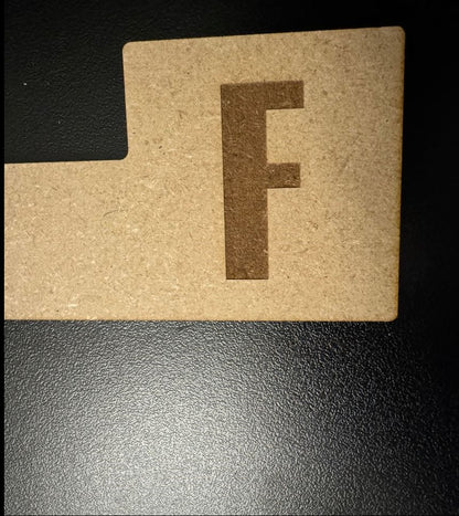 Tab style engraved MDF birch wooden record divider with the letter F