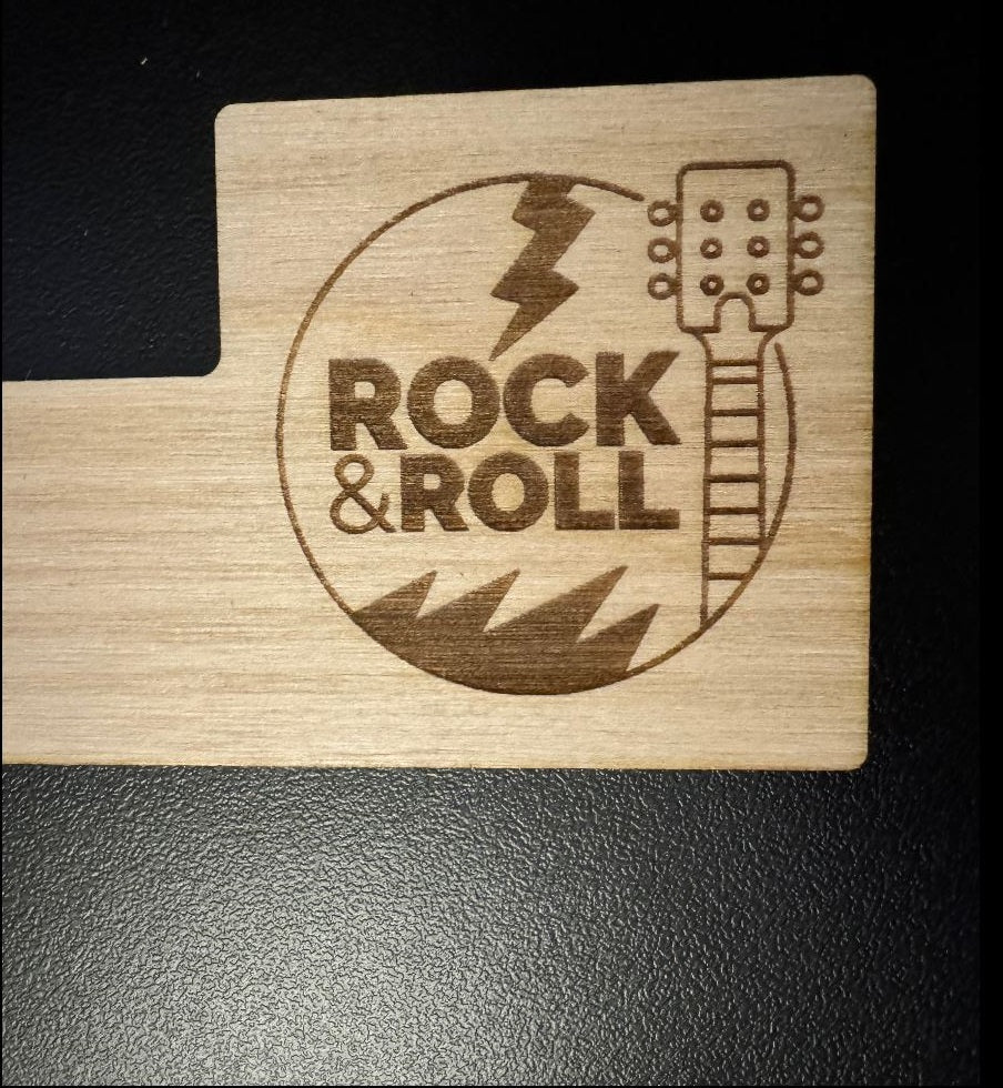 Tab style engraved MDF wooden record divider with an engraved circular rock and roll logo. Features a guitar head and neck.