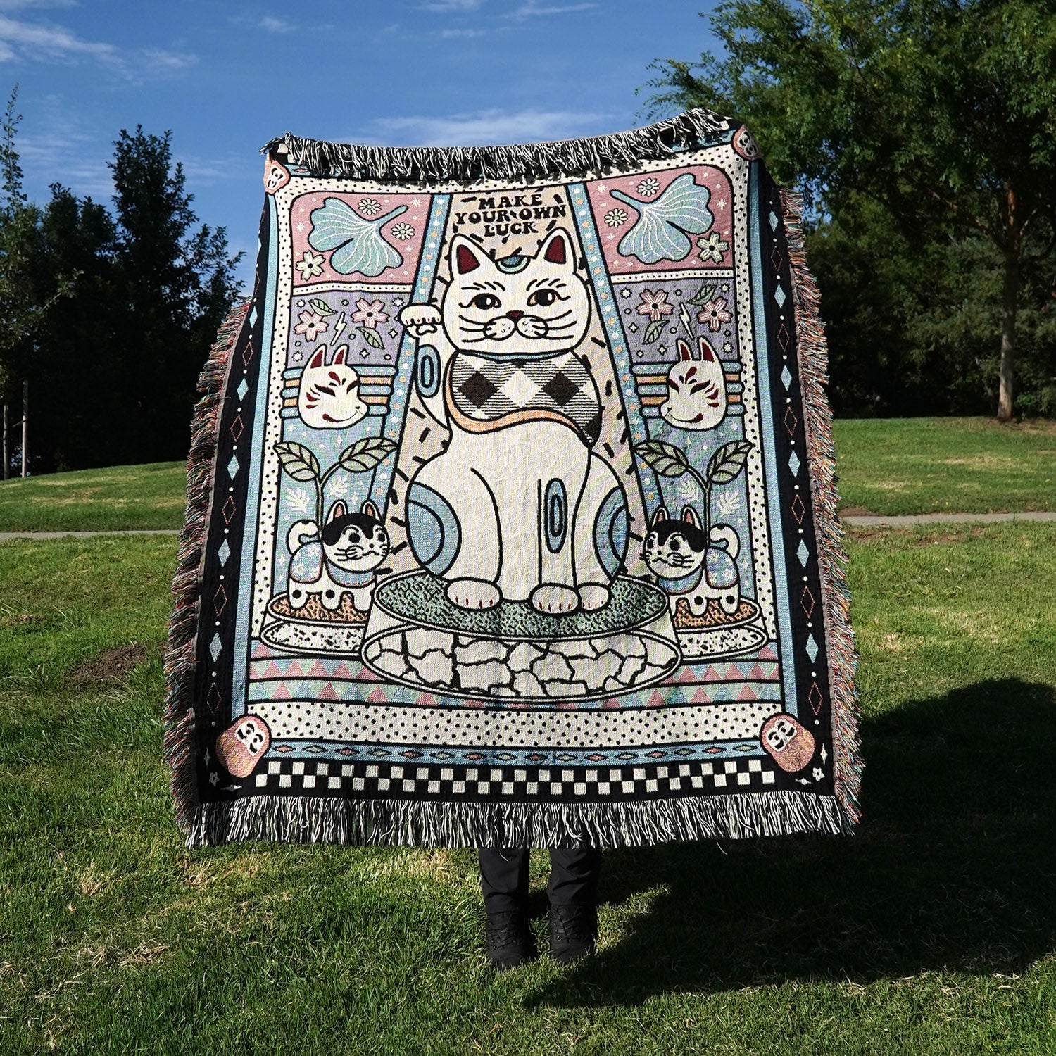 Relatable Basic - Maneki Neko Fortune Cat Woven Throw Blanket