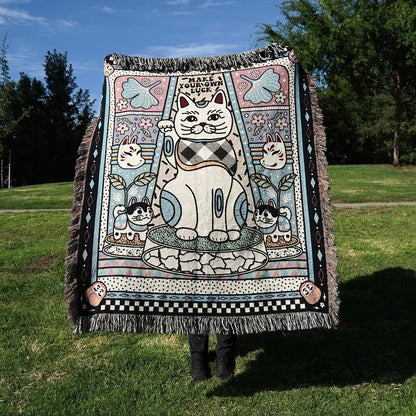 Relatable Basic - Maneki Neko Fortune Cat Woven Throw Blanket