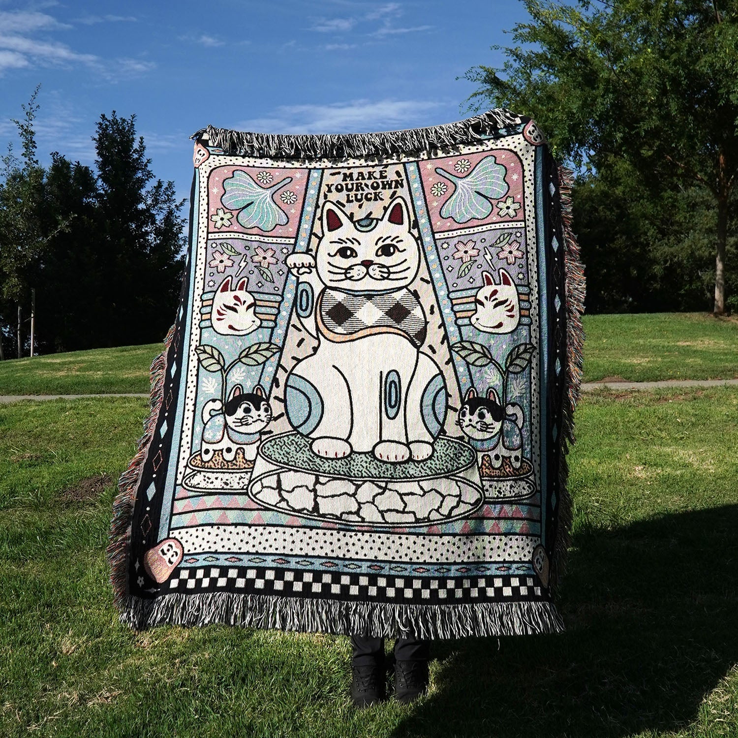 Relatable Basic - Maneki Neko Fortune Cat Woven Throw Blanket