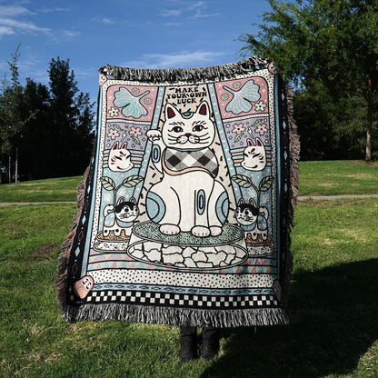 Relatable Basic - Maneki Neko Fortune Cat Woven Throw Blanket
