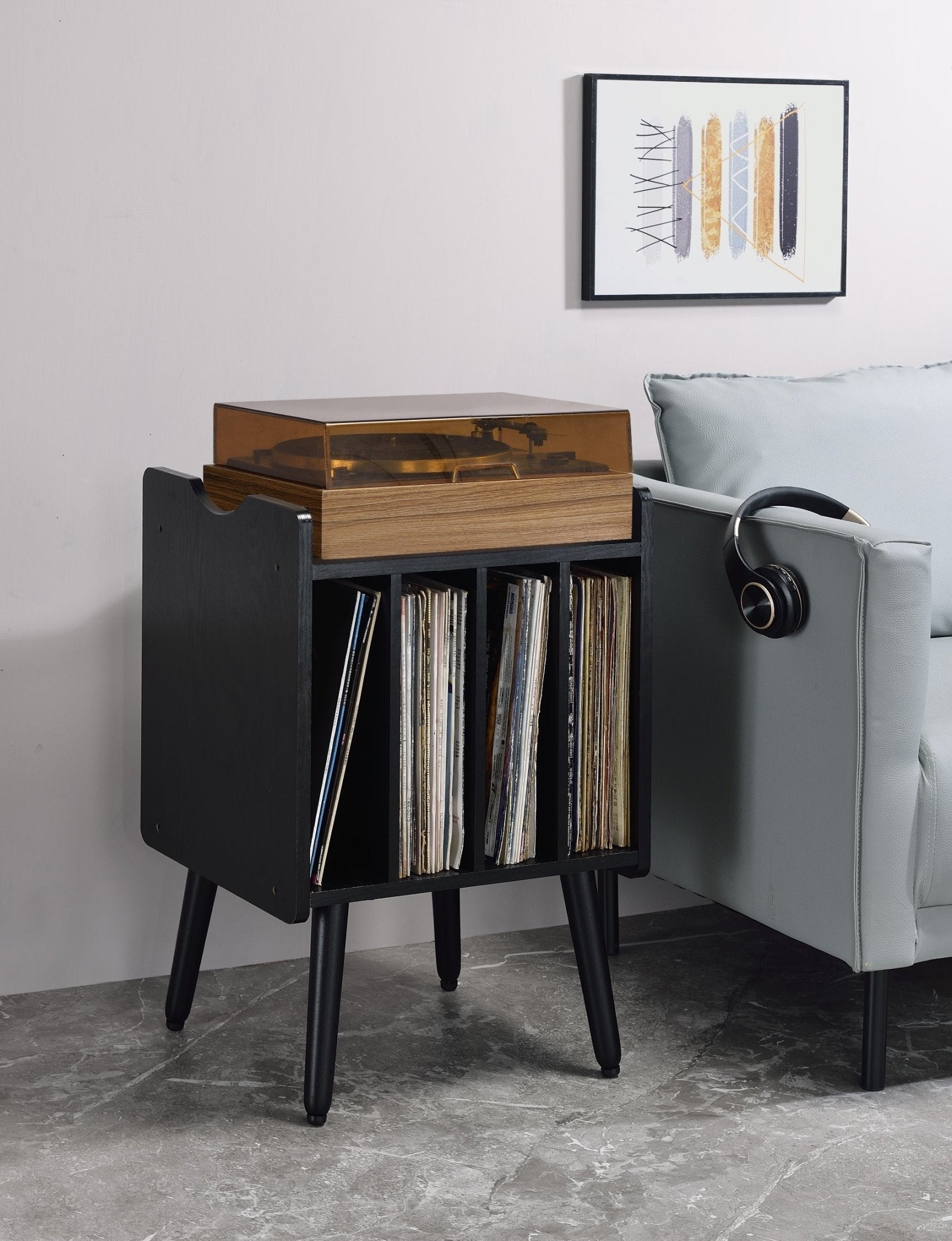 Musiea BX80 Vinyl Record Player Stand Mid Century Turntable Table with 4 Cabinet Record Storage